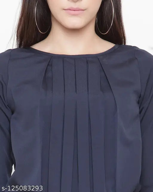Women's blue crepe jumpsuit with boat neck, three-quarter sleeves, box pleats, side pockets, and elastic waist (Size S: 34/52/28, M: 36/52/30), made in India
