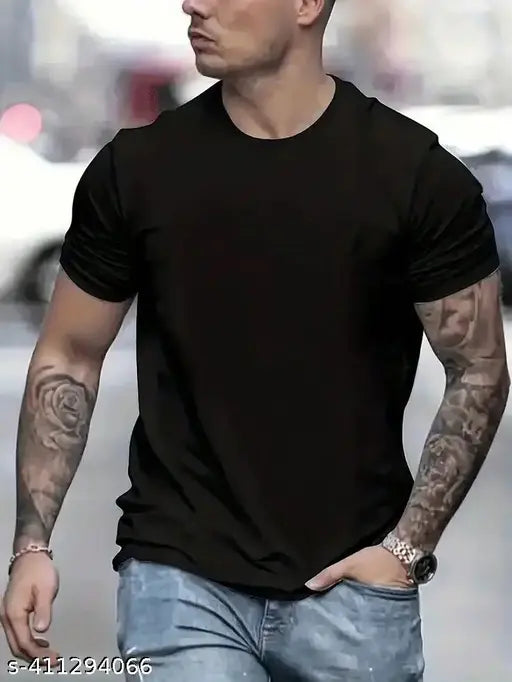 Classic black cotton blend men's tee, solid design for streetwear under budget