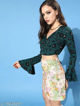 Dark green cheetah print crepe crop top for teen fashion, quality party wear from India