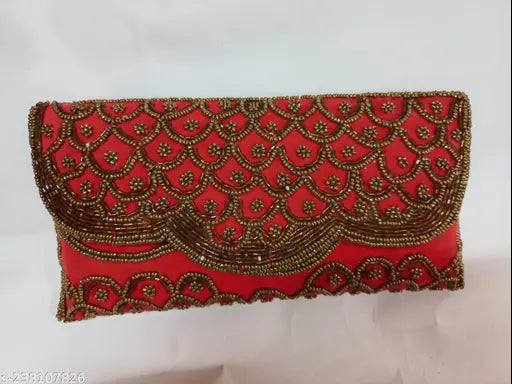 Red velvet beaded clutch, embroidered net pattern, handcrafted Indian accessory