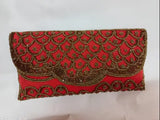 Red velvet beaded clutch, embroidered net pattern, handcrafted Indian accessory