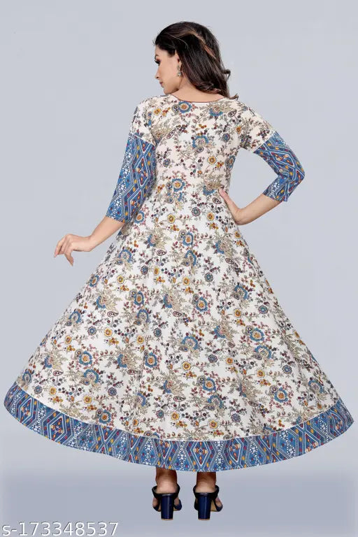 Cotton blend winter kurti, three-quarter sleeves, foil printed patched gown for women, Indian fashion accessory
