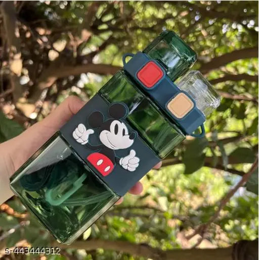 Blue, high-quality plastic kids water bottle with Mickey design, dual mouth, hanging handle, and strap (520ml)