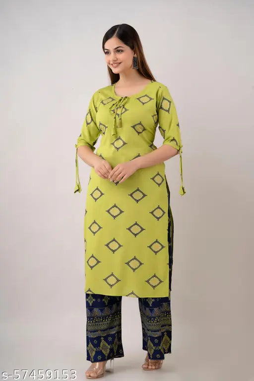 Light green rayon kurta set with palazzos, printed design, three-quarter sleeves - Indian ethnic wear