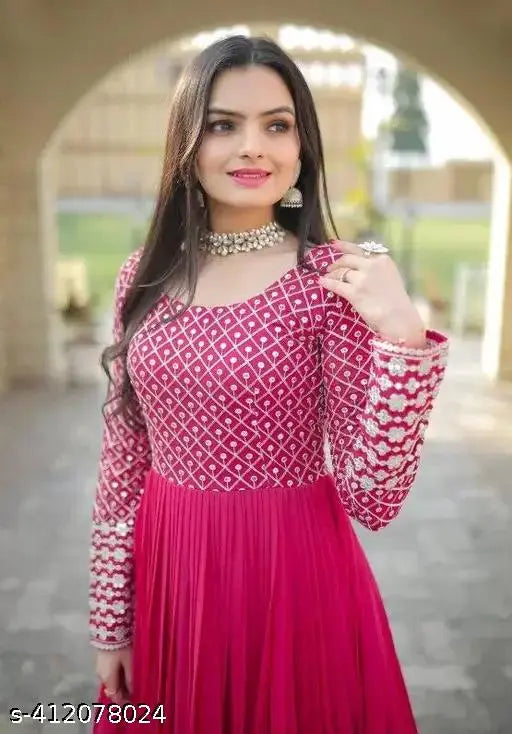 Embroidered Georgette anarkali gown with sequins, long sleeves, full flare design. Indian wedding dress on mannequin