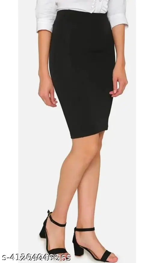 High-quality polycotton women's knee-long skirt, solid net, elastic waist band, slit at back, size based on waist measurement in inches (e.g., Size 26 for a 26-inch waist), made in India