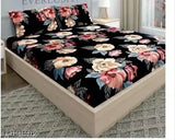 Black premium cotton elastic fitted bedsheets, double bed with floral print & 2 king size pillow covers, ideal for summer use
