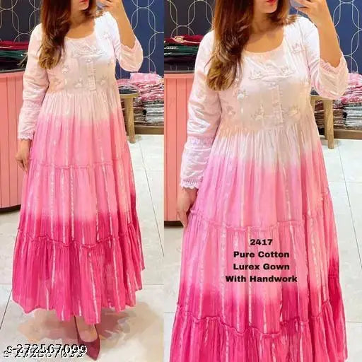 Pure cotton lurex gown, embroidered neck design. Women's three-quarter sleeve anarkali kurti set with jacket, pink tie-dye color
