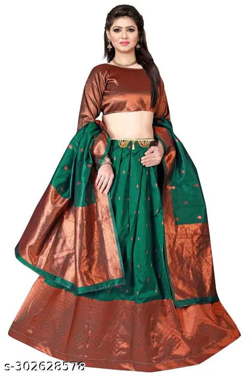 Designer party wear silken lehenga Choli, unstitched with 46" waist, 50" length, zari-embroidered in jacquard silk, India
