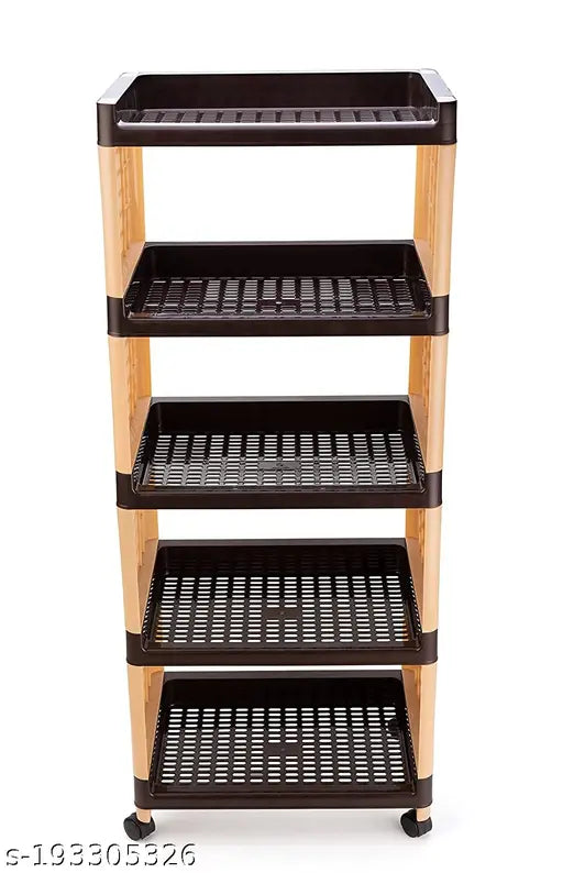 Brown and Ivory Bience Plastic 5-Tier Multi-Purpose Storage Organizer for Kitchen and Office (Ventilated Shelves, Wheels)