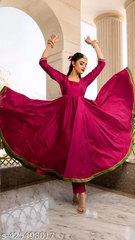 Magenta anarkali suit set with organza print dupatta, elegant traditional silk kurta pant by chamundaZestLeaf (India)