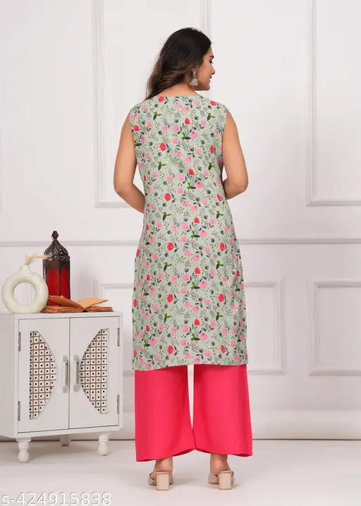 Rayon printed net trandy Kurti & Palazzo Set for women with sleeveless design and various sizes available