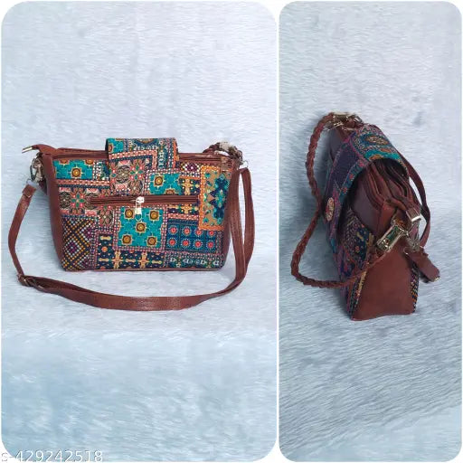 Stylish floral fabric combo sling bag, features 5 compartments, lightweight, great for women's fashion