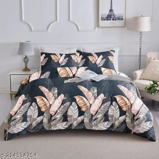 Cotton blend queen-size comforter set: 4 pcs, includes comforter, bedsheet, pillows, and attractive storage bag - Indian origin