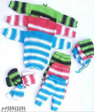 Assorted 2-pc winter baby suit, medium quality polyster, soft & warm for newborns (striped pattern, long sleeves, set includes sweater, pajama, cap, bottie). Suitable for babies aged 0-1 month