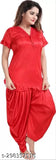 Red silk satin nightsuit with patiala pants, perfect for ladies' nightwear. Soft and comfortable for a cozy sleep. Made in India