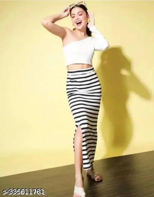 Black cotton blend striped A-line long skirt for women, printed net pattern, size 26 or 30 (waist 28/30 in, length 32 in), made in India