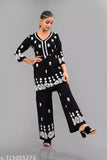 Black Bhavani Fashion Women's Rayon Printed Top and Palazzo Set with Embroidery and Sequins, suitable for party, wedding, or casual wear