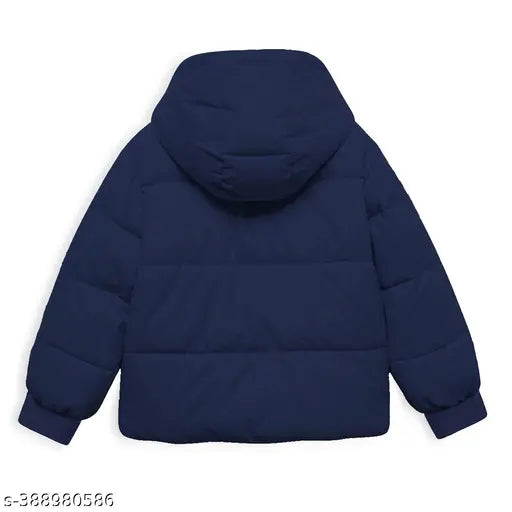Navy Blue Solid Hood Jacket for Kids - Polyester, Long Sleeves, Warm & Relaxed Winter Coat