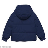 Navy Blue Solid Hood Jacket for Kids - Polyester, Long Sleeves, Warm & Relaxed Winter Coat