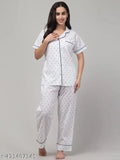 Printed cotton pajama set with short sleeves and matching bottoms, India-origin night suit for women