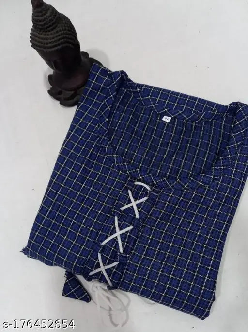 Blue Woolen Checked Kurti for Women and Girl, three-quarter sleeves, women ethnic wear bottomwear