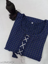 Blue woolen checked kurti for women and girls, three-quarter sleeves. Women ethnic wear, single sizes M, L, XL, XXL. Kurti set for woman, stylish top wear in India