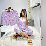 Unicorn print silk blend ladies night suit, luxurious sleepwear set featuring shirt, pajamas, and shorts for comfort and style, made in India