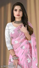 Pure Gerogette Bollywood Pink Leaf Saree with Embellished Net Sliver Blouse, Indian daily wear