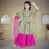 Dupion silk anarkali kurta sharara & dupatta set for girls, embellished and lace-trimmed, comfortable for all seasons