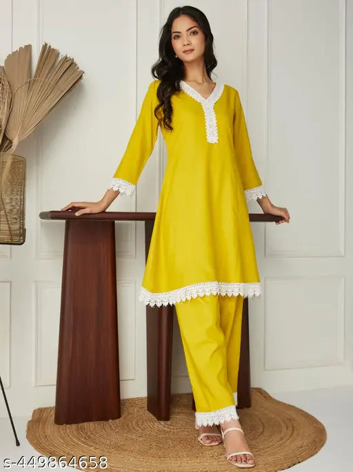 Women's yellow PolyCotton Kurta & Pant Co-ord Set - 3/4 sleeve V-neck top with lace detailing, casual yet elegant for everyday wear, India origin