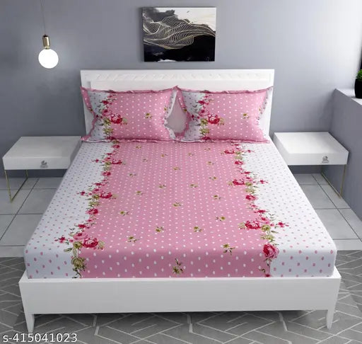 Pink Premium Cotton Feel Elastic Fitted Bedsheets (72x78), 2 King Size Pillow Covers, Floral Print