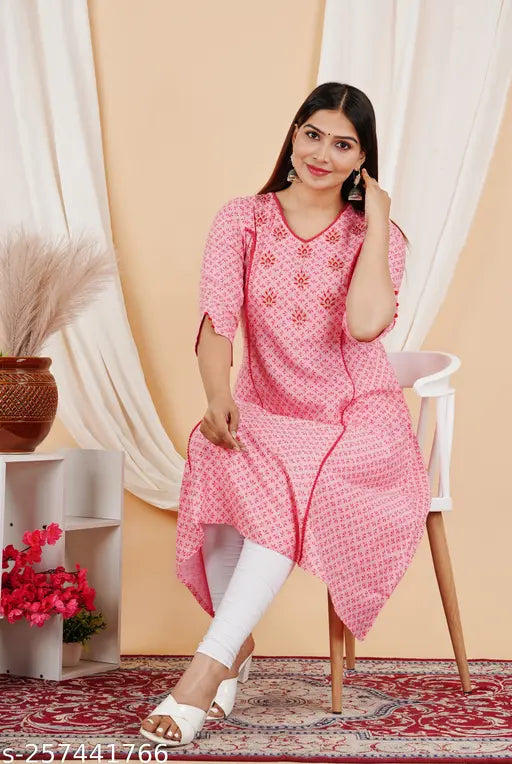 Rayon printed women's kurti, three-quarter sleeves, vibrant Indian pattern, M (38in bust), L (40in bust), XL (42in bust), XXL (44in bust)