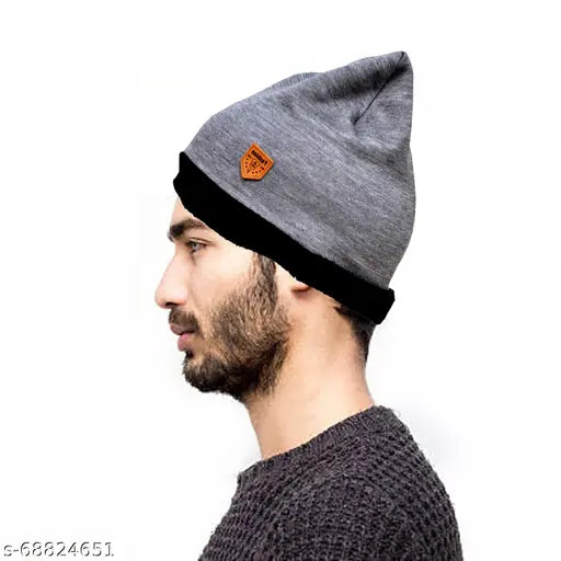 Grey Melange Woolen Unisex Beanie Cap, Soft Fur Neck Warmer-Scarf & Fleece Gloves Set - Premium Quality Winter Accessory