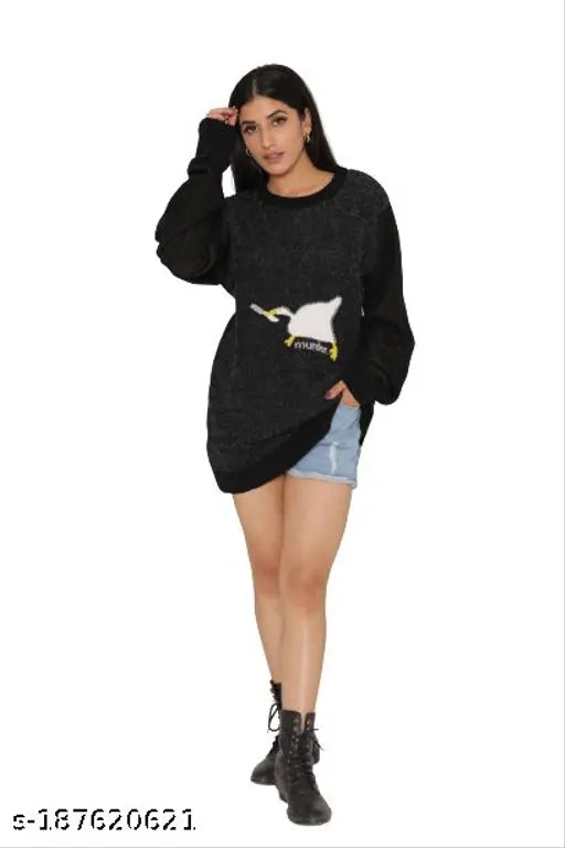 Trendy wool printed sweater for women, long sleeves with global fashion design (free size)