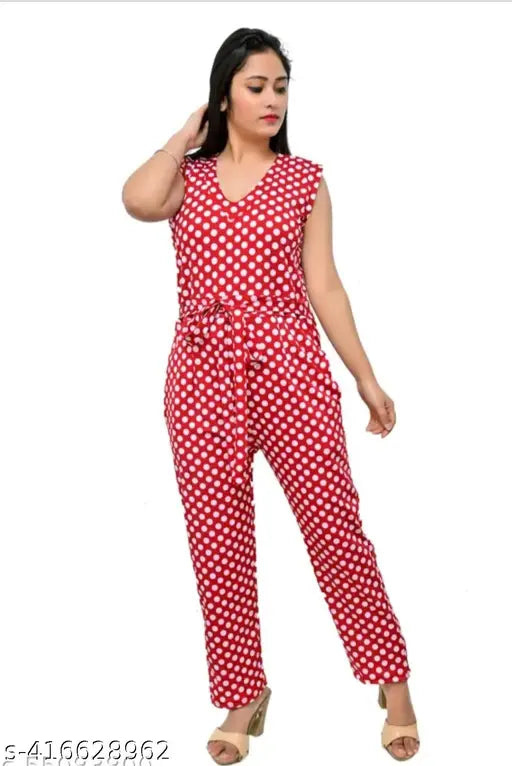 Red cotton blend sleeveless printed net jumpsuit for women, size S (bust 36in, length 48in, waist 28in) - made in India
