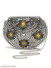 Silver embellished metal clutch for women's evening events, handcrafted in India (8x3 inches)