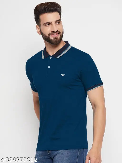 Men's solid polo collar t-shirt, printed design on polyester, short sleeves, size M (40in chest, 27in length), India