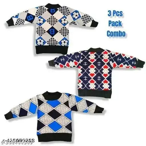 Woolen Kids winter sweaters pack of 3: printed net, long sleeves, warm and stylish for toddlers to young children