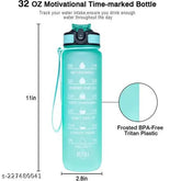Multicolor unbreakable silicone water bottle with motivational time marker, durable BPA-free for office gym detoxing. Features one-click push button and special mouth design for easy use. Includes eBook and is BPA-free and non-toxic