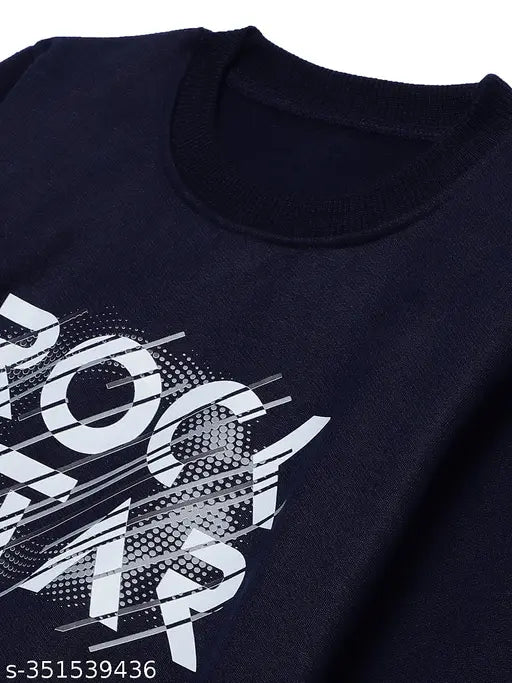 Navy Blue printed round neck cotton fleece sweatshirt for boys, long sleeves, India origin