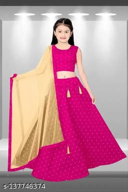 Pink cotton lehanga choli and taffeta silk dupatta for kids, unstitched net set in three-quarter sleeves, pink design on lehenga, solid pattern on dupatta, various sizes from 7-8 years to 13-14 years, made in India