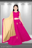 Pink cotton lehanga choli and taffeta silk dupatta for kids, unstitched net set in three-quarter sleeves, pink design on lehenga, solid pattern on dupatta, various sizes from 7-8 years to 13-14 years, made in India