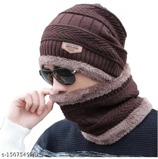 Soft brown acrylic beanie cap & fur-lined scarf set, trendy men's winter wear for cozy comfort