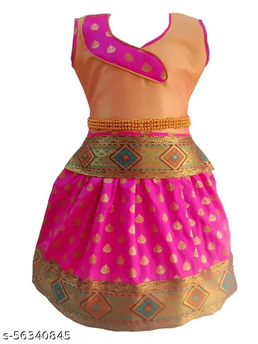Traditional silk pattu pavadai set with wash belt for kids in festive gatherings, vibrant self-design lehenga & acrylic dupatta