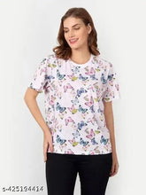 Printed Lycra t-shirt for women, short sleeves with vibrant pattern. Size M, bust size 38in, length size 25in. Made in India