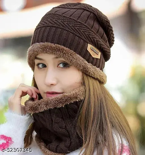Dark brown Frackson winter cap and scarf combo, premium imported snow-proof (inside fur) unisex beanie and soft scarf for women, girls. Soft, warm, and stylish knit design. Made from anti-allergic acrylic material. Perfect for autumn-winter wear. Origin: China