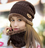 Dark brown Frackson winter cap and scarf combo, premium imported snow-proof (inside fur) unisex beanie and soft scarf for women, girls. Soft, warm, and stylish knit design. Made from anti-allergic acrylic material. Perfect for autumn-winter wear. Origin: China