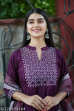 Rayon Anarkali gown with printed net, three-quarter sleeve, embroidered border. Indian fashion wear in multiple sizes including M (38m/14.5m), L (40in/15in), XL (42in/15.5in), XXL (44in/16in), XXXL (46in/16.5in), 4XL (48in/17in), 5XL (50m/17.5m), 6XL (52in/18in)