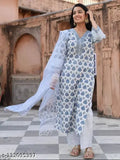 Hand block printed viscose kurta set with dupatta and bottomwear, three-quarter sleeves, Indian handcrafted clothing on mannequin (size L, bust 40in, shoulder 15in)